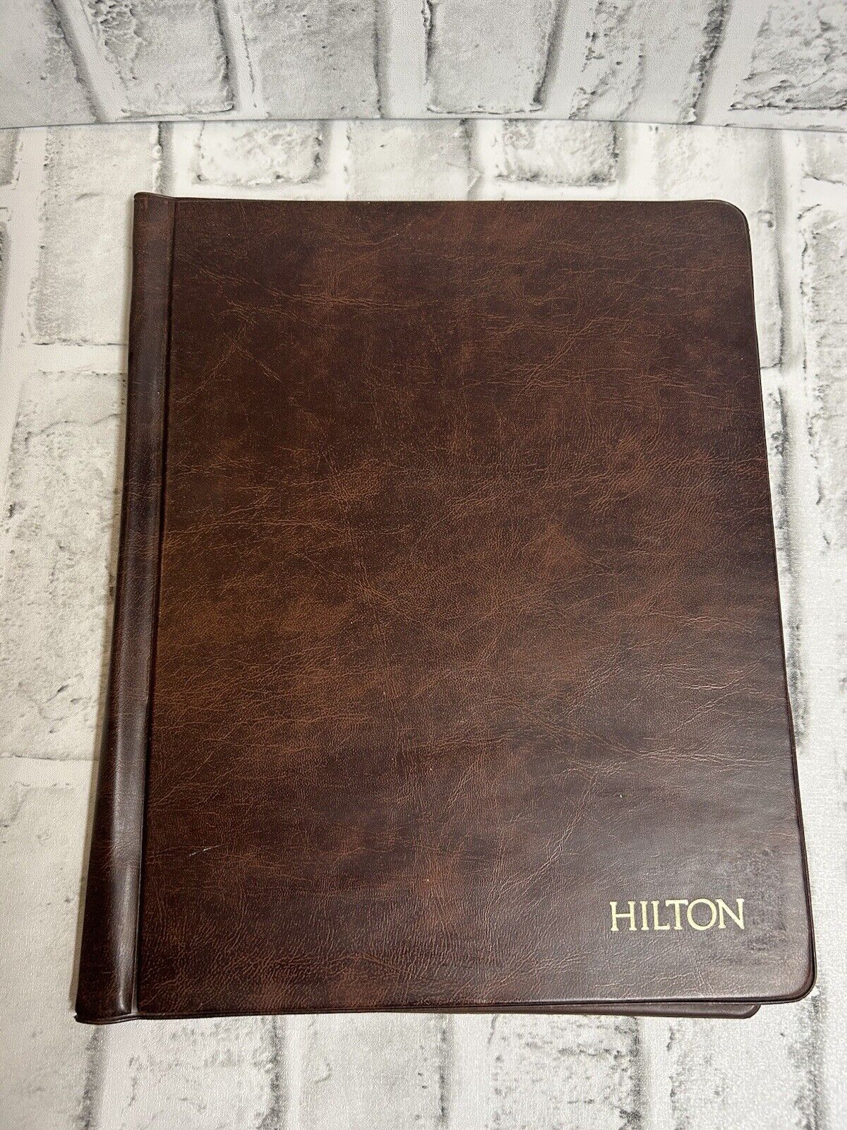 Vintage HILTON HOTEL Vinyl Folder Brown Faux Leather Gold Writing W/Pockets MCM