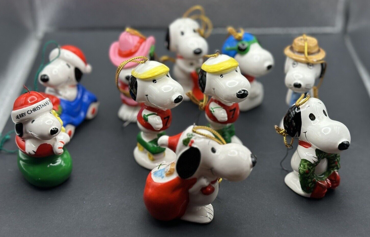 RARE Set of 10 Vintage Ceramic  Snoopy Hanging Christmas Ornaments  1958 1966