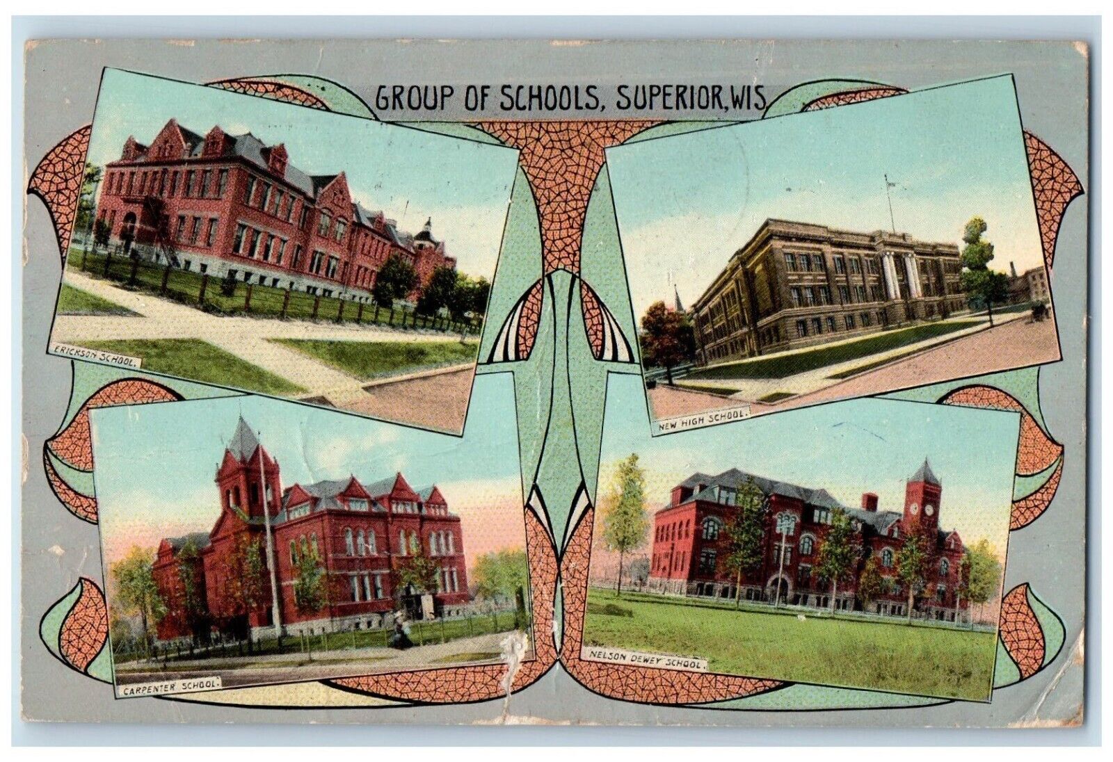 1912 Group of Schools Multi-View  Superior Wisconsin WI Vintage Antique Postcard