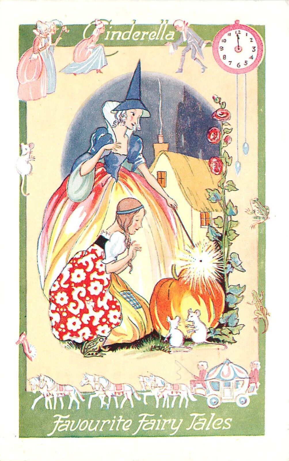 Postcard 5174 Famous Fairy Tales, Cinderella, Godmother & Pumpkin, Unposted
