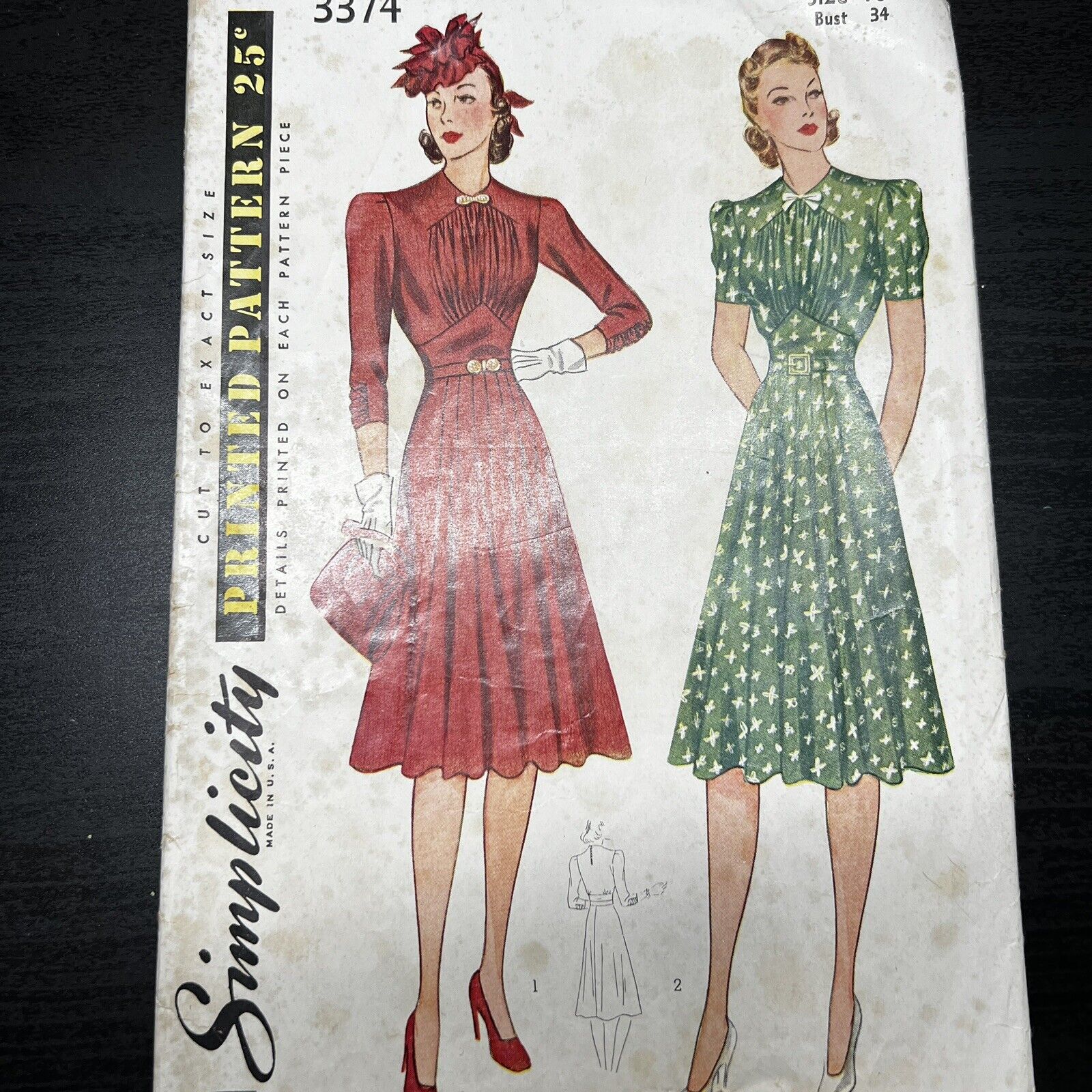 Vintage 1940s Simplicity 3374 Waistline Yoke Dress Sewing Pattern 16 Small CUT