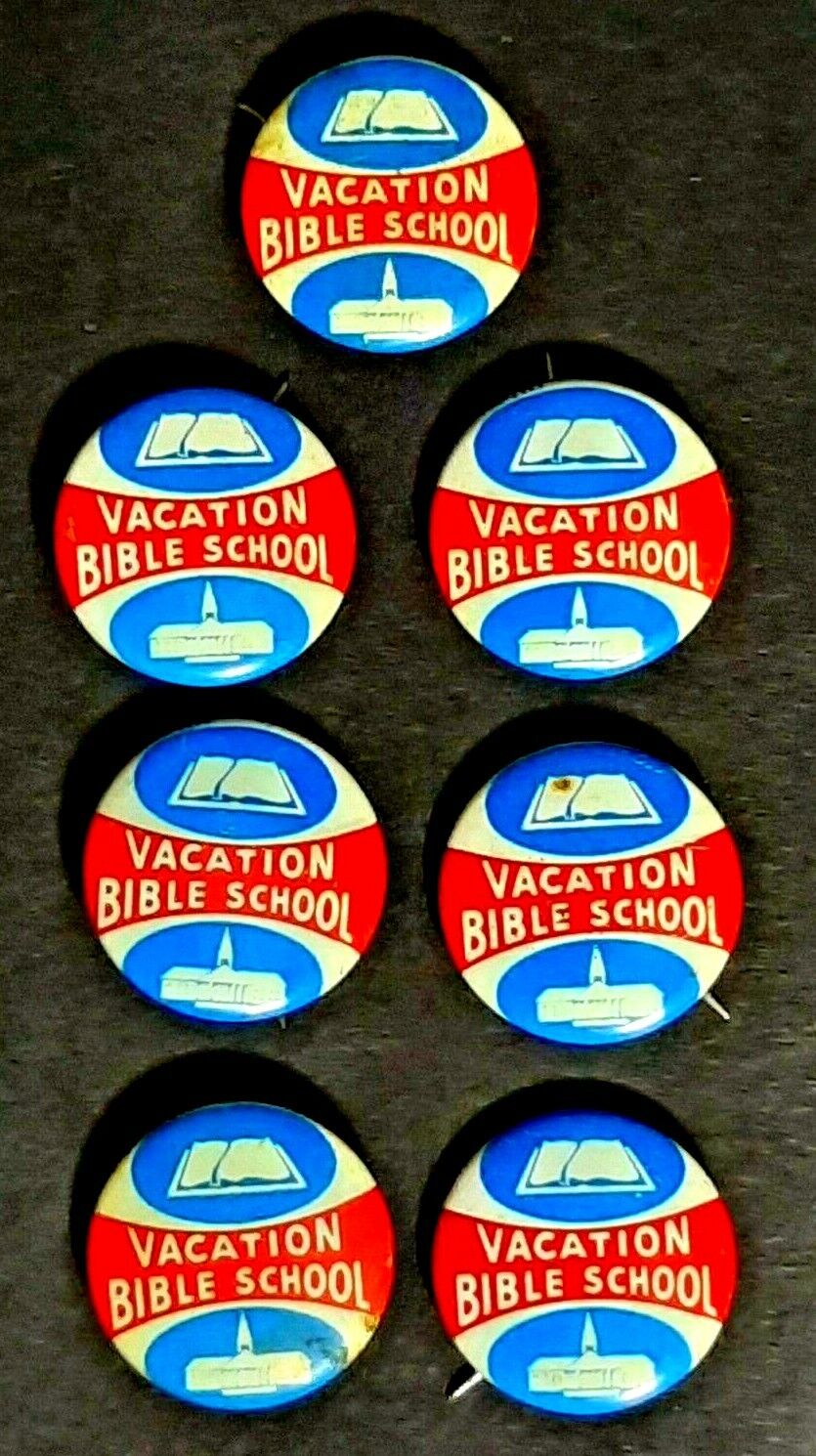 Lot of 7 vintage metal pin bottons Vacation Bible School  church, Christian  
