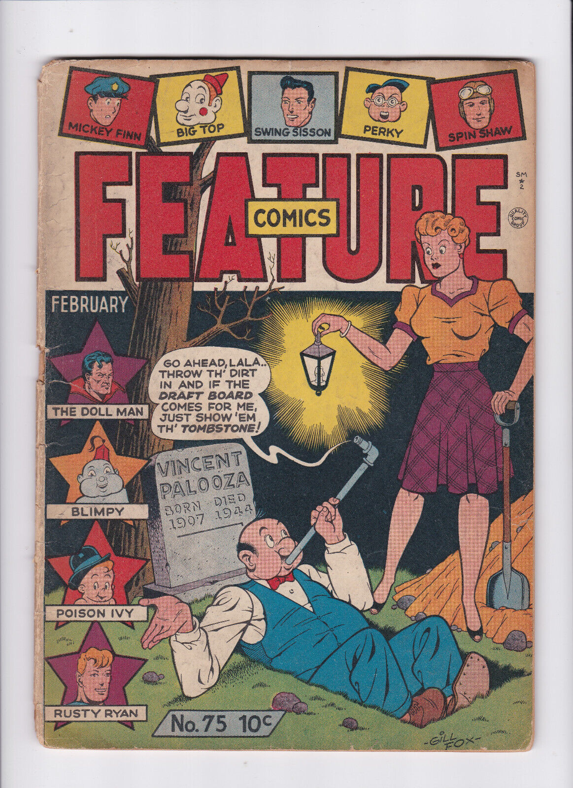 FEATURE COMICS #75 [1944 GD] GRAVE COVER    GILL FOX COVER