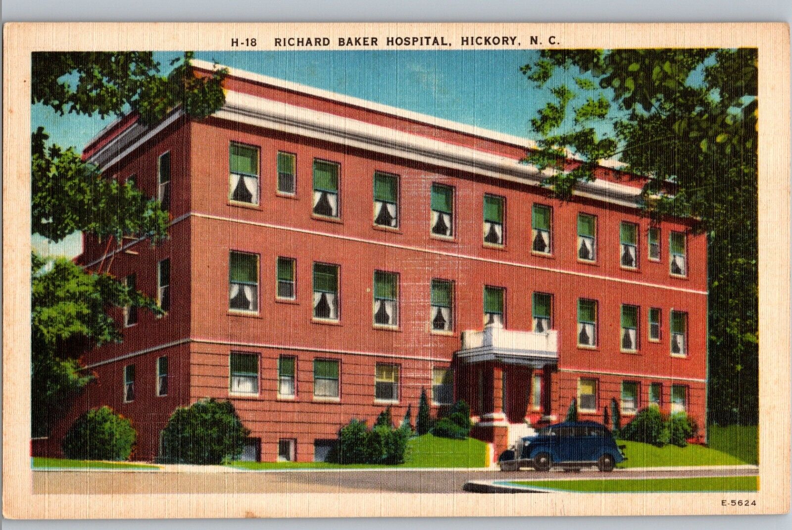 Richard Baker Hospital Old Blue Car in Front Hickory NC C1940 Postcard