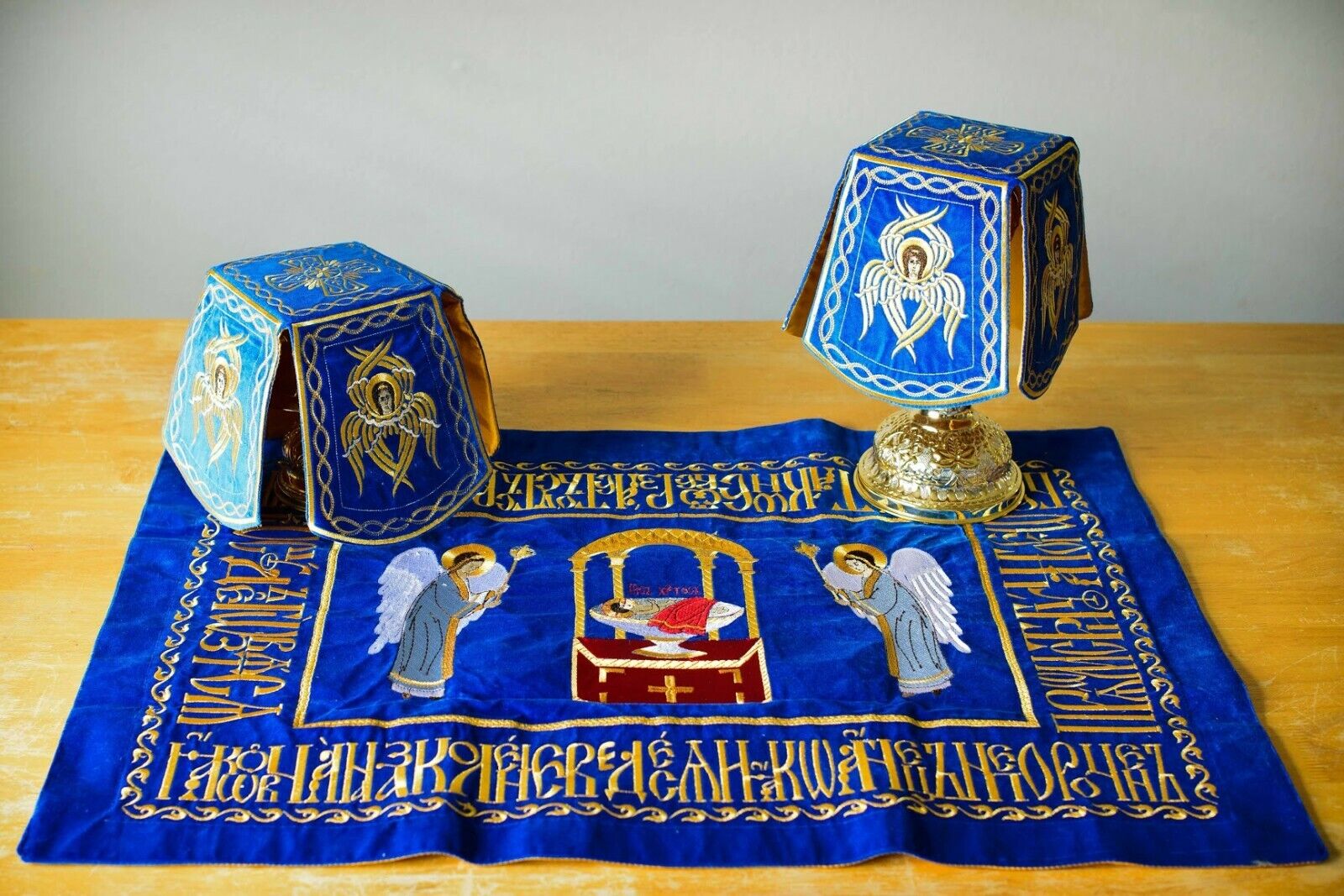 Chalice covers set blue cotton velvet, gold embroidery