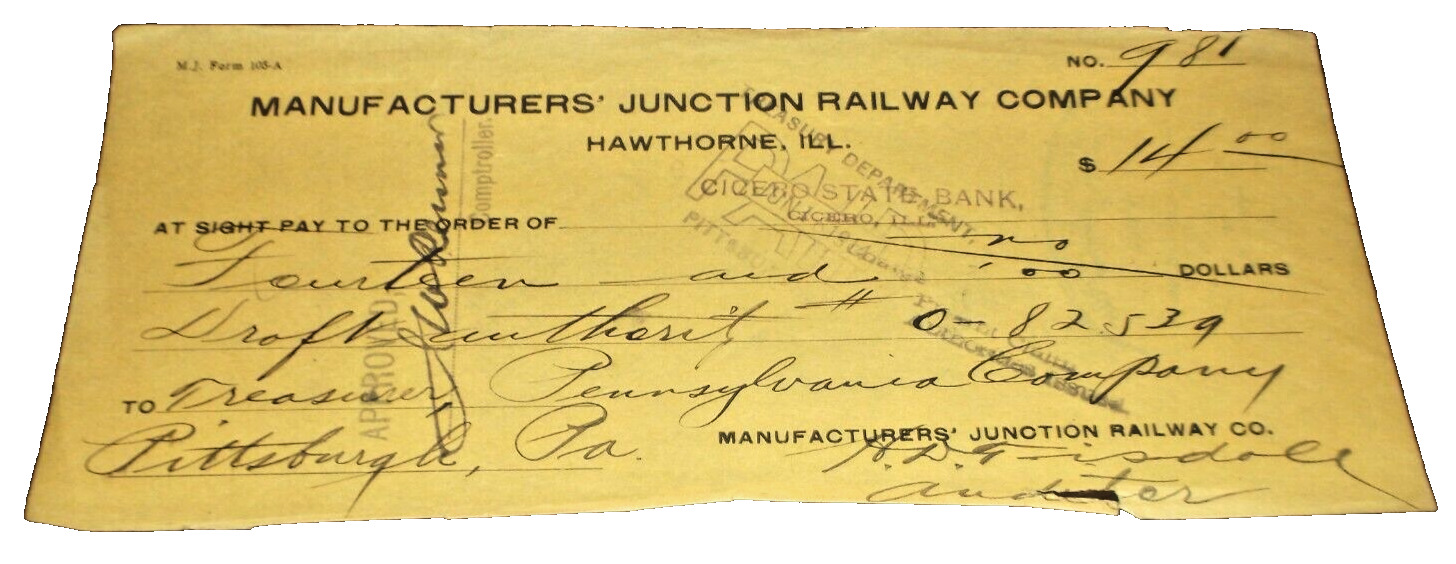 1914 MANUFACTURERS' S JUNCTION RAILWAY HAWTHORNE ILLINOIS CHECK #981 TO PRR 