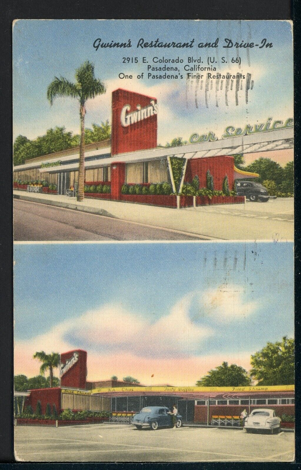 1954 Gwinn\'s Restaurant and Drive In Pasadena CA Vintage Roadside Postcard RS