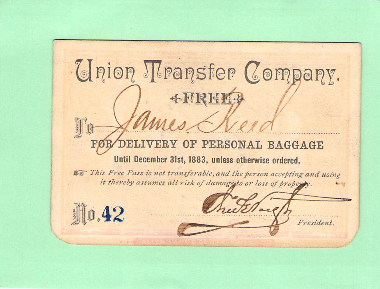 1883 UNION TRANSFER BAGGAGE CAPE MAY WASH BALT  LOW # 42  RAILROAD RAILWAY PASS