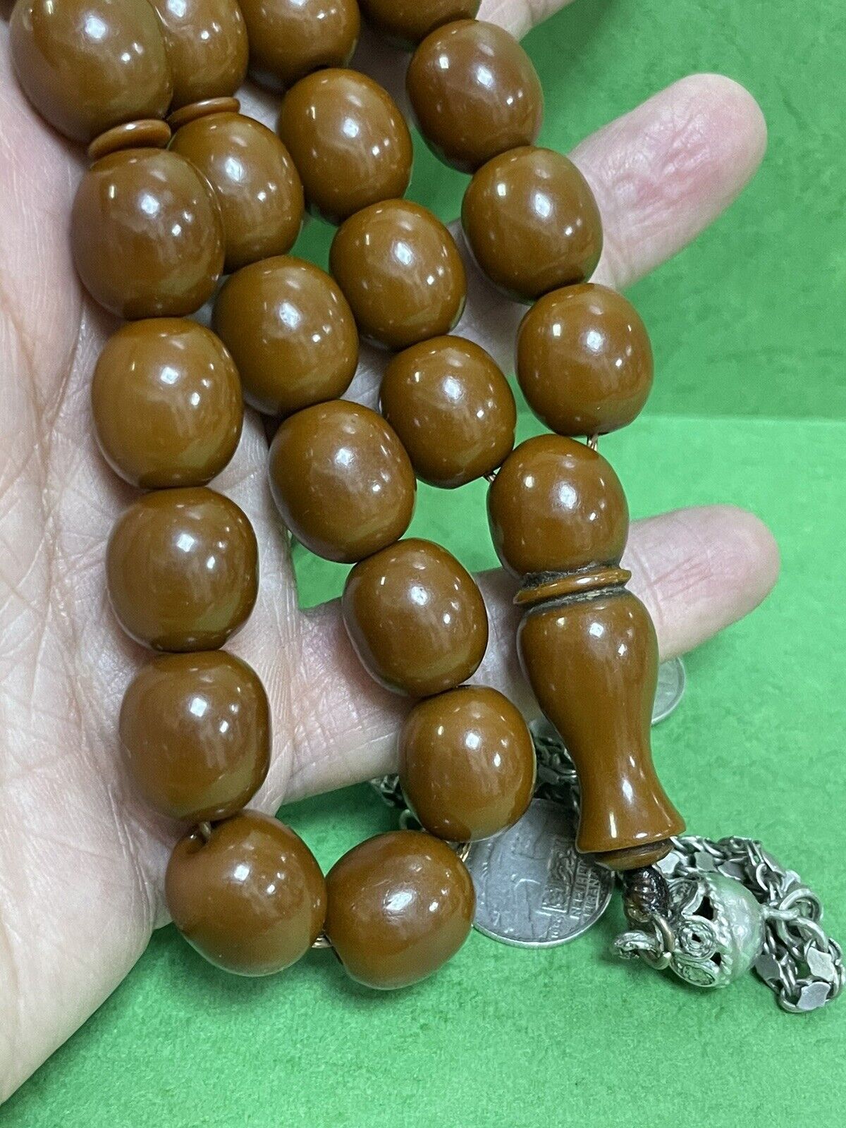 Antique Rare Museum Miscky Brown Amber bakelite islamic  prayer 33 beads 81g R3