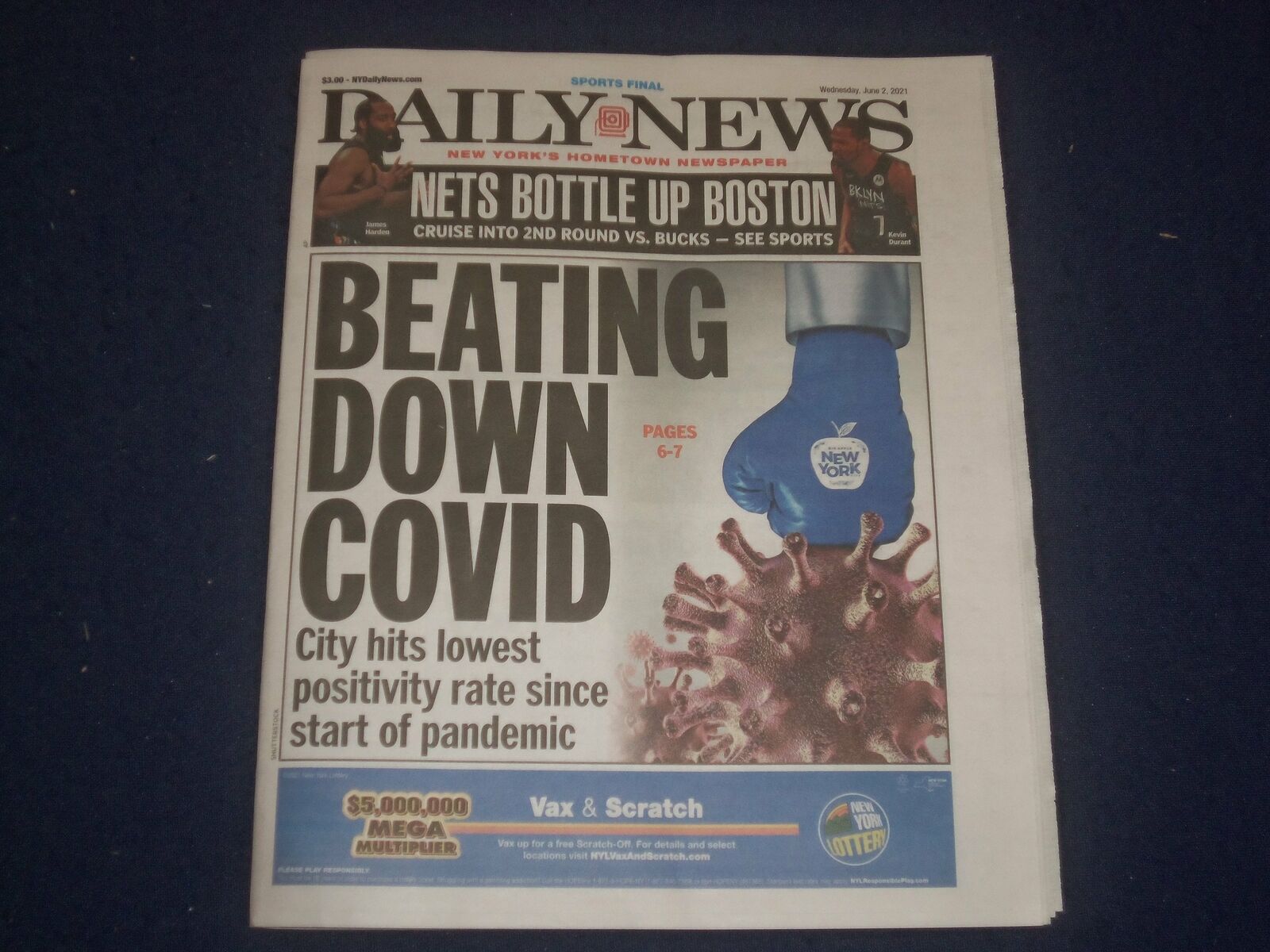 2021 JUNE 2 NEW YORK DAILY NEWS NEWSPAPER - NYC HITS LOWEST POSTIVITY RATE