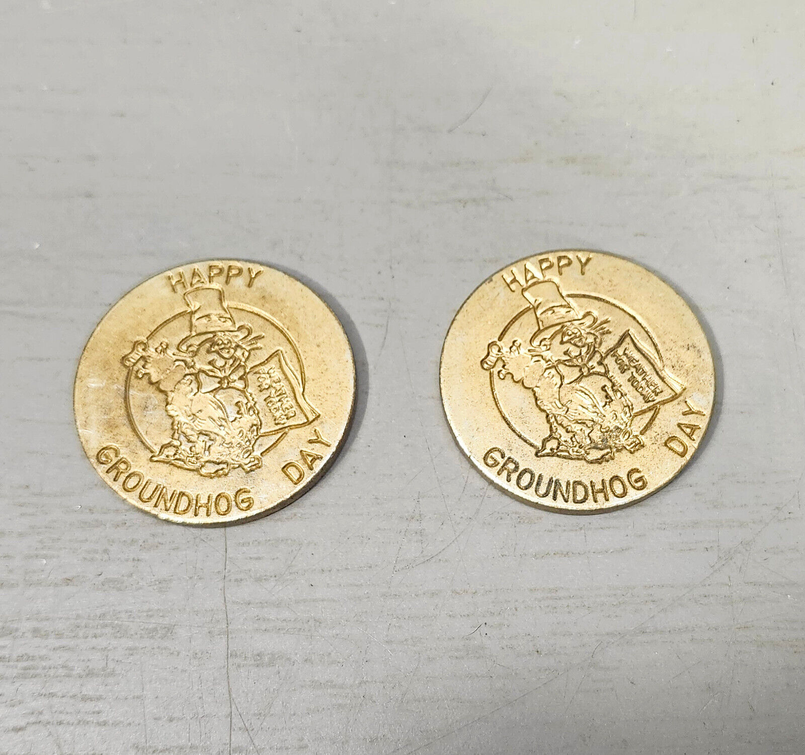 2 Punxsutawney PA Groundhog Club Happy Groundhog Day Gold Tone Coins Medallions