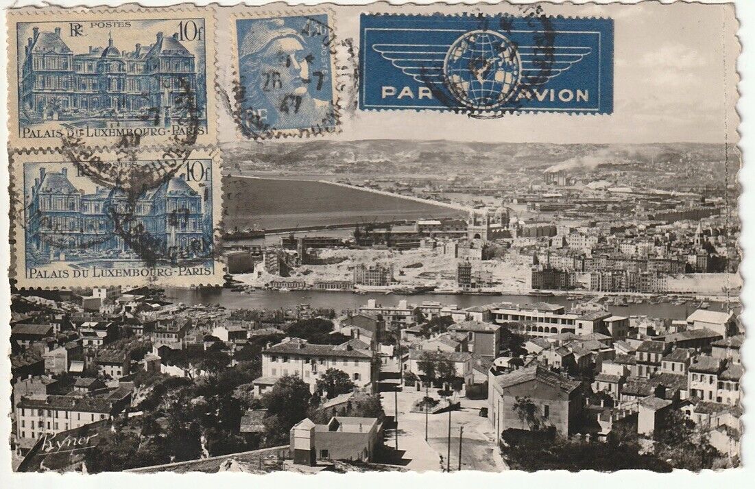 1947 RPPC Aerial view of the ports of Marseille, scalloped edge