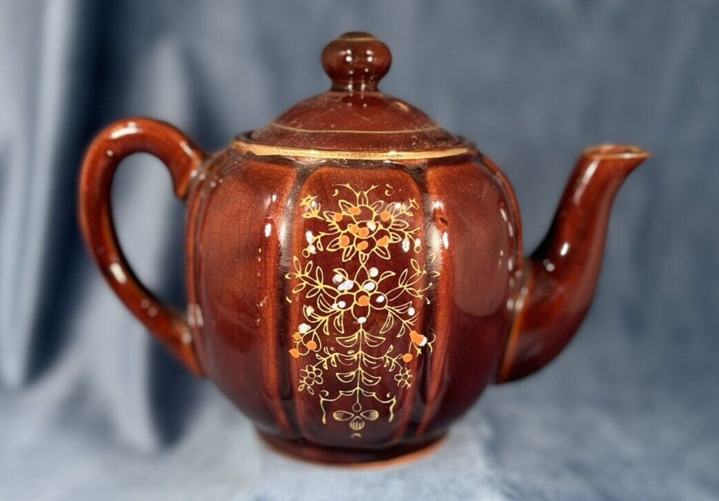 Vintage Moriage Redware Brown Betty Teapot w/ Lid Hand Painted Gold Trim Japan