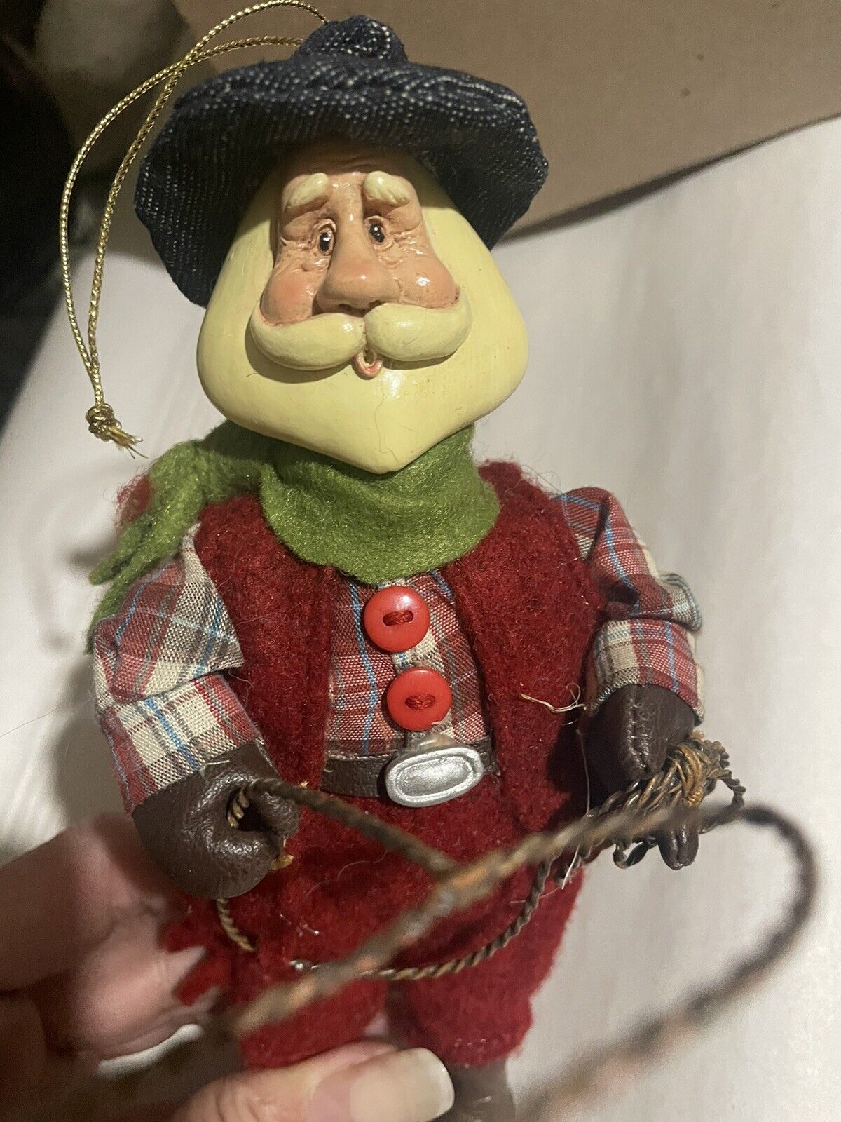 Southwestern Cowboy Santa Ornament Holding A Rope/string/wire￼ Flannel  Plaid Lg