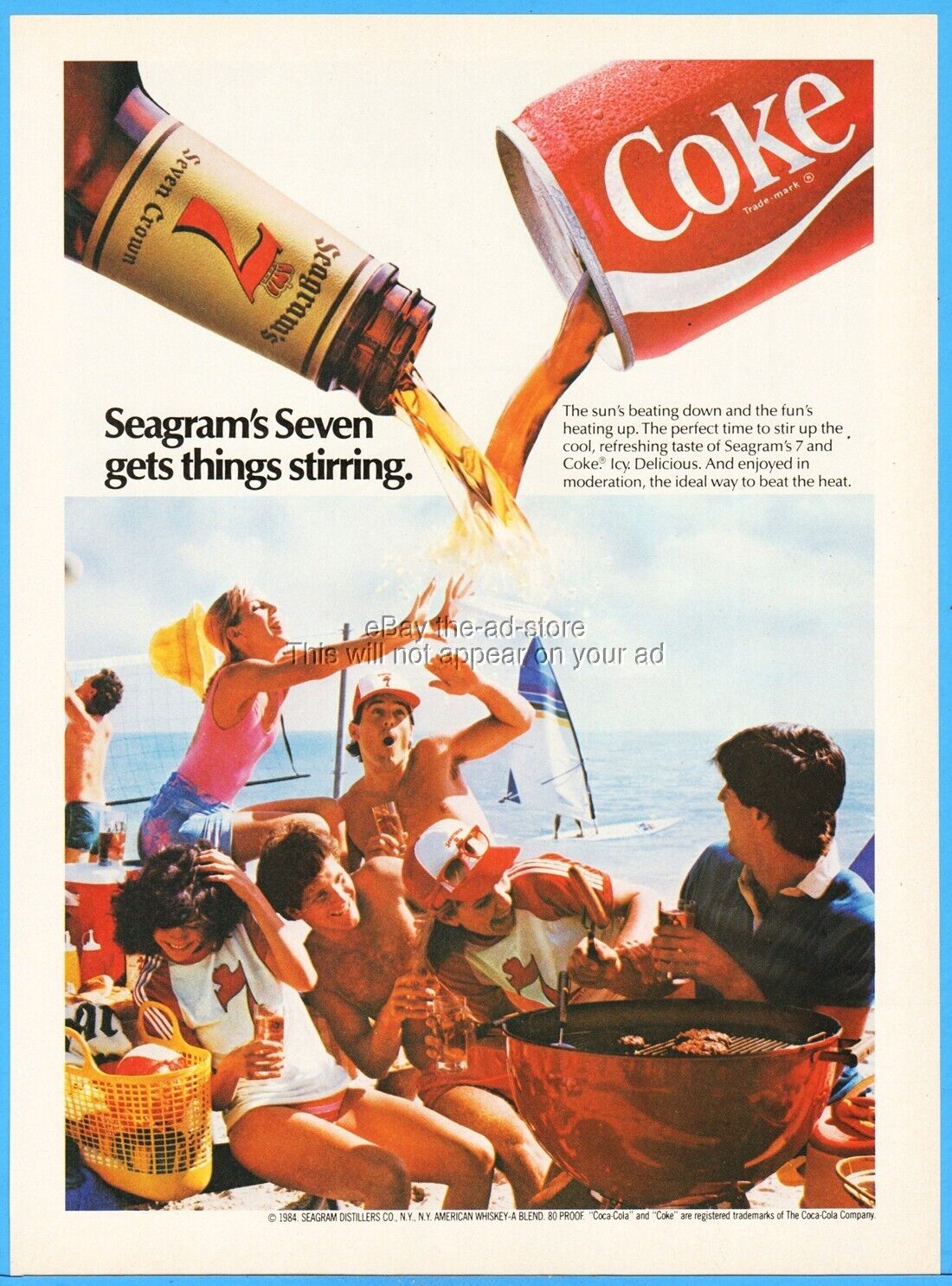 1984 Coke Seagram\'s 7 Crown Whisky 1980\'s Beach Party Photo Coca Cola Ad