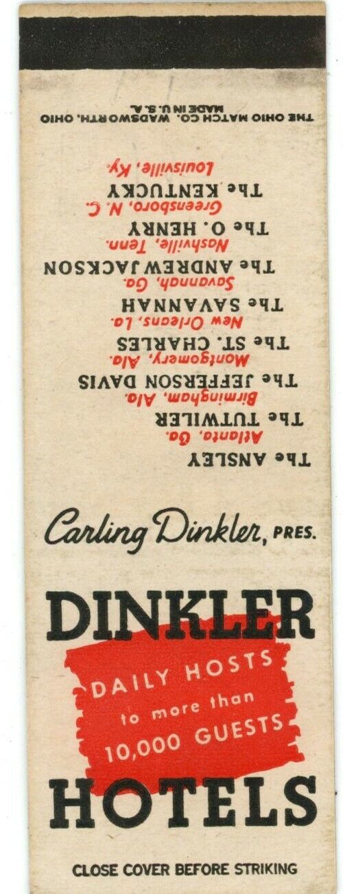 Pres. Carling Dinkler, Dinkler Hotels 10,000 Guest Daily Vintage Matchbook Cover