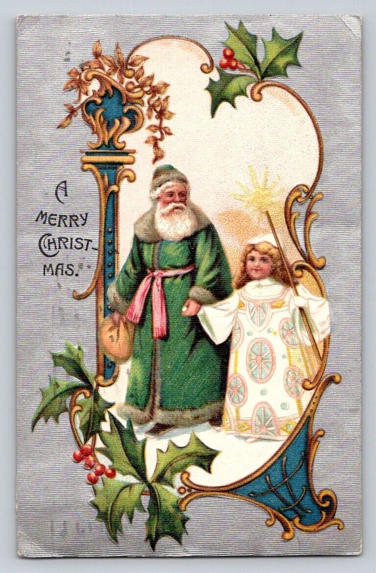 c1910 Lovely Green Santa Claus Angel Germany Christmas P219