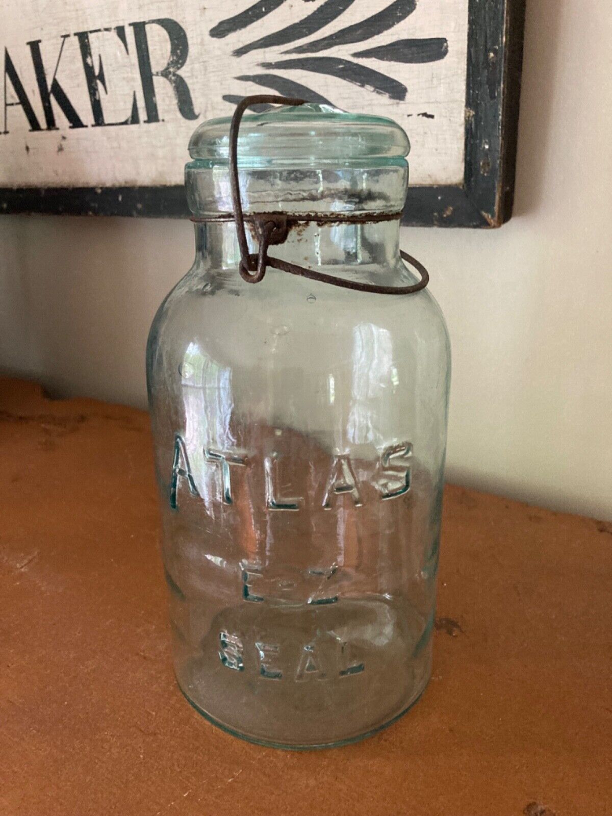 Antique Atlas E-Z Seal Aqua Fruit Jam Canning Jar A-B 1  (#1 1896 Jar w/bubbles)