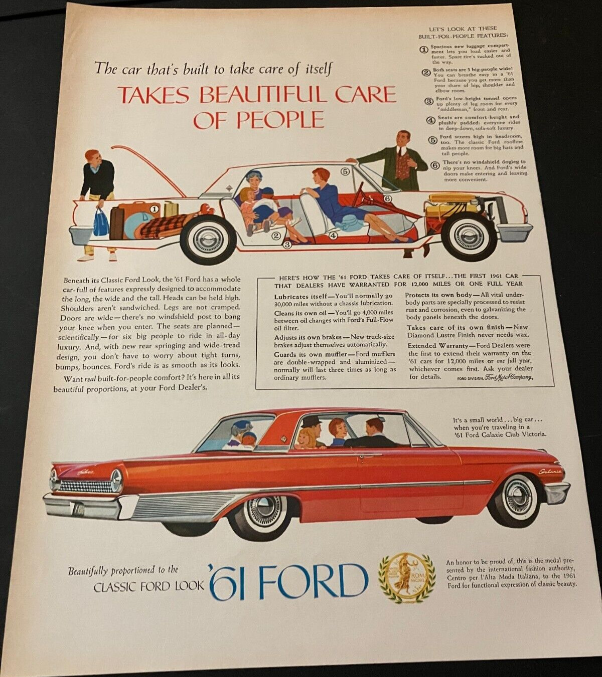 1961 Ford Galaxie Club Victoria - Vintage Original Color Print Ad Wall Art CLEAN