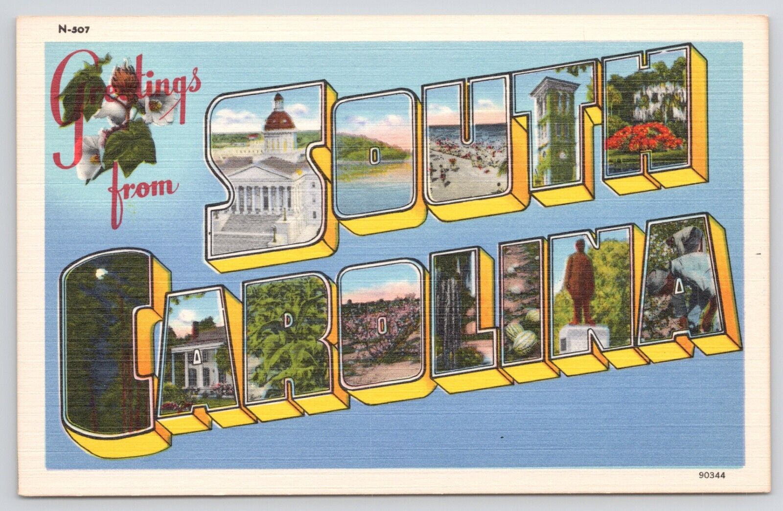 South Carolina Large Letter Greetings Linen Postcard