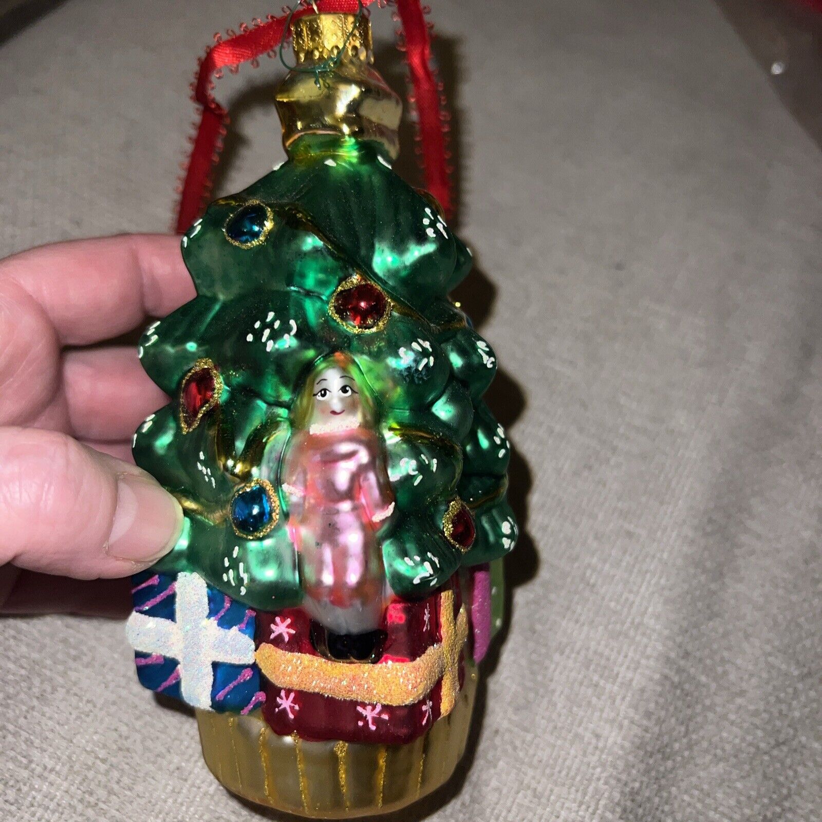 Large Christmas Tree Hand Blown Glass Ornament Glittery Presents & Decorations