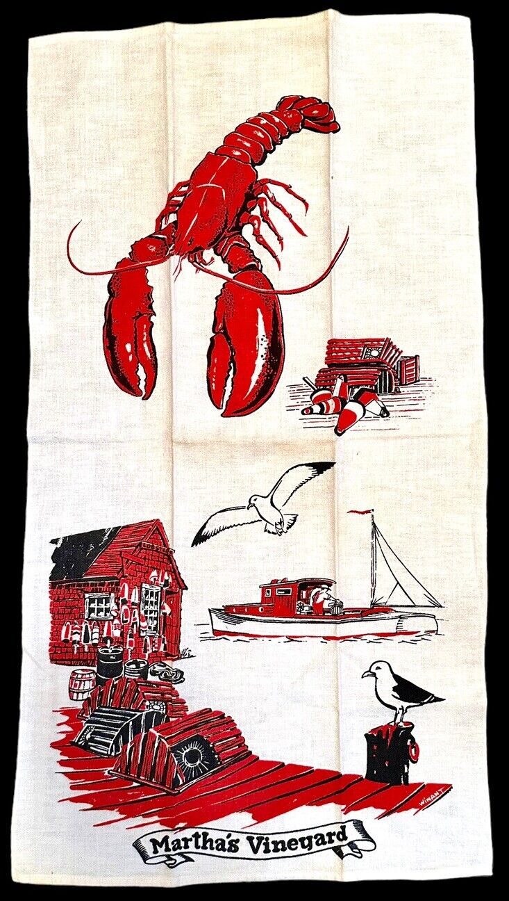 Vtg Martha’s Vineyard Linen Tea Towel Red Black Lobster Fishing Boat Seagull EUC