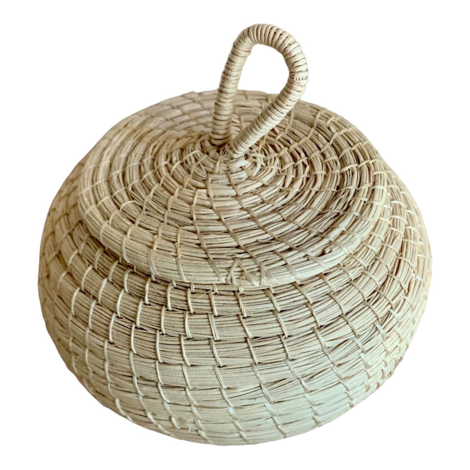 Vintage Handmade Palm Tiny Miniature Basket Off-White Trinket Box