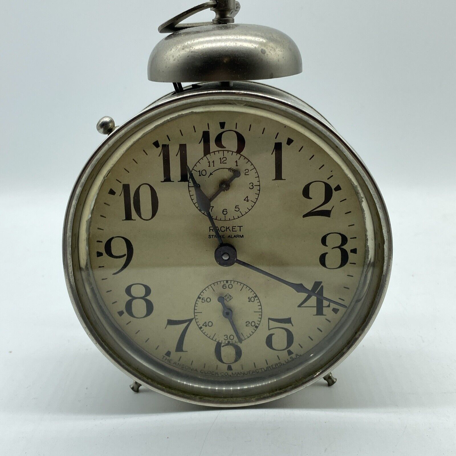 Antique Ansonia Racket Strike With Seconds Alarm Clock  Running & Bell Works