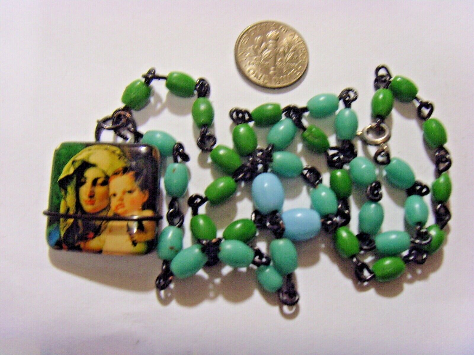 scarce antique Egyptian turquoise beads religious necklace Mary Jesus 51456