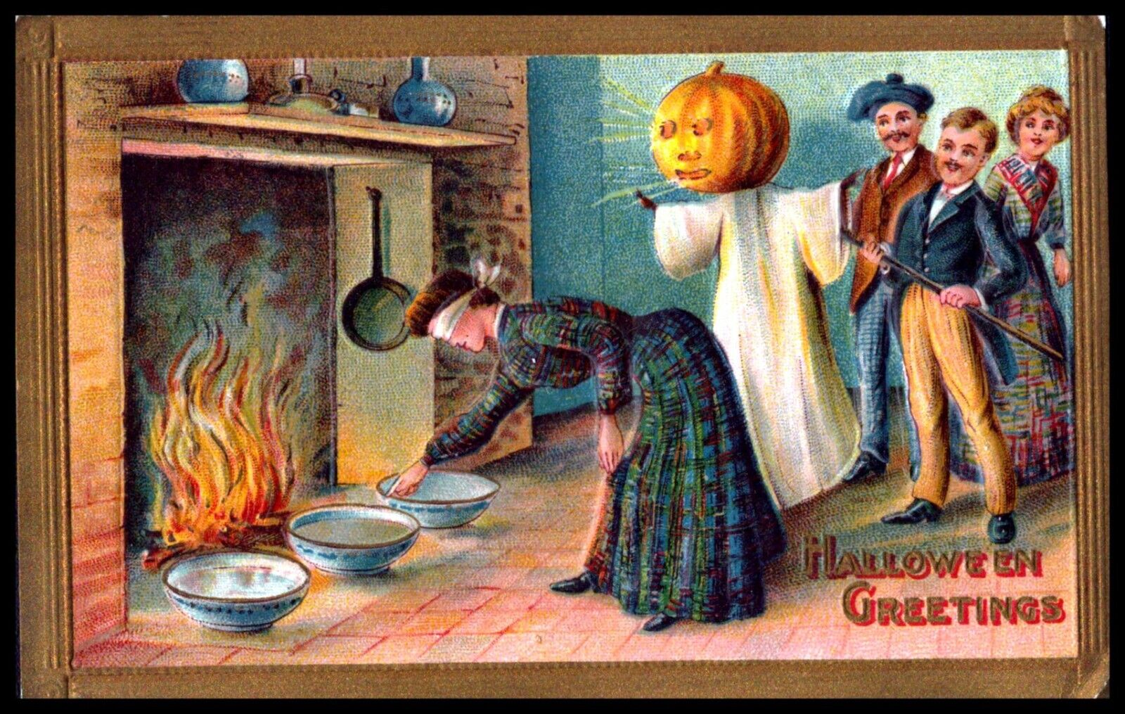 Halloween Postcard Blindfolded Woman JOL Pumpkin Ghost Holiday Games
