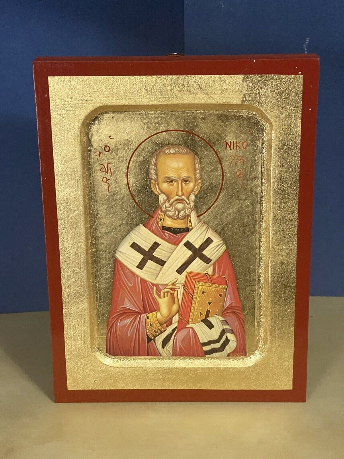 Saint Nicholas -GREEK RUSSIAN WOODEN ICON, CARVED WITH GOLD LEAVES 6x8 inch