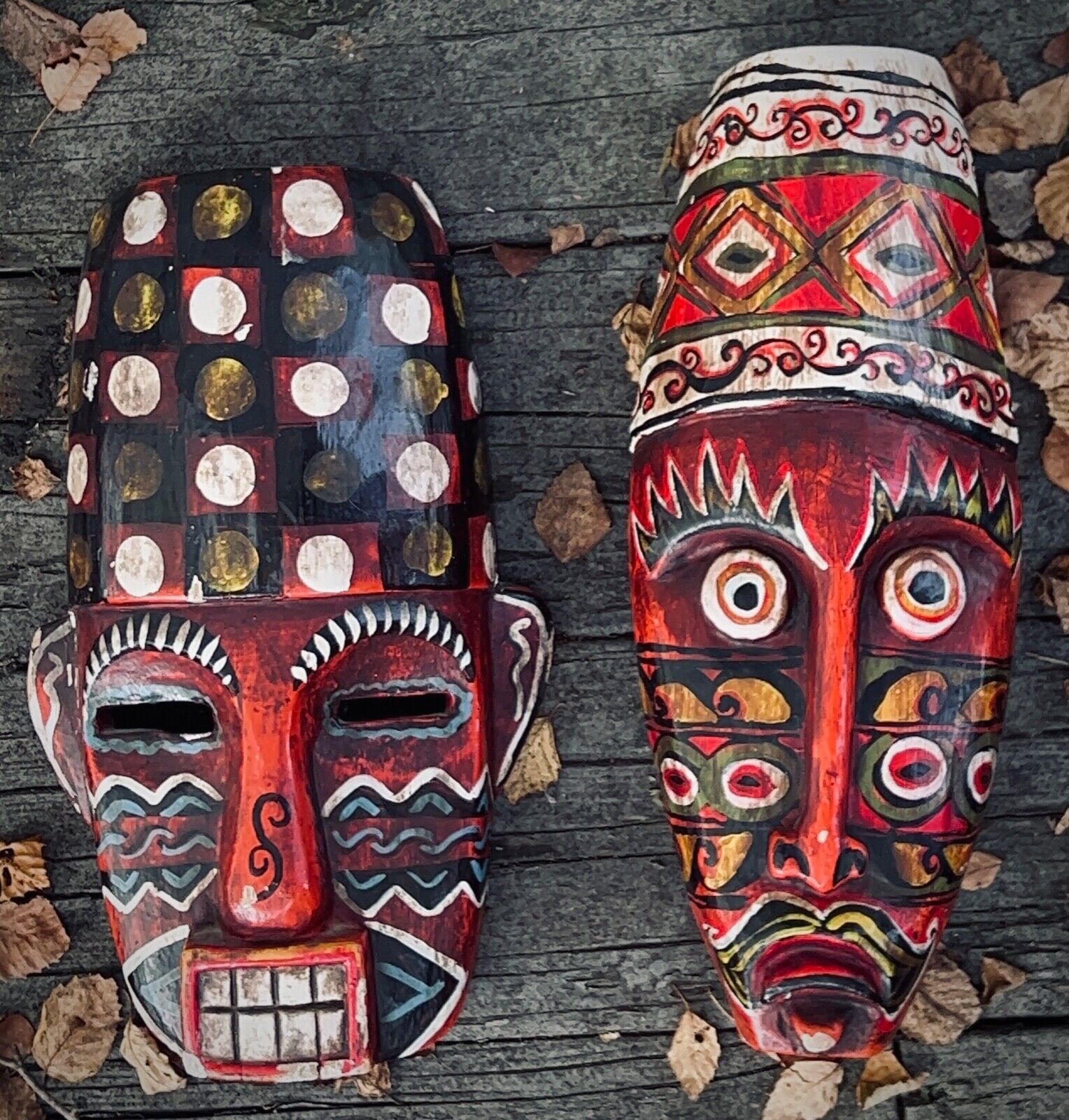 Handmade Hand Carved Traditional Honduran Antique Tribal Hanging Mask Set