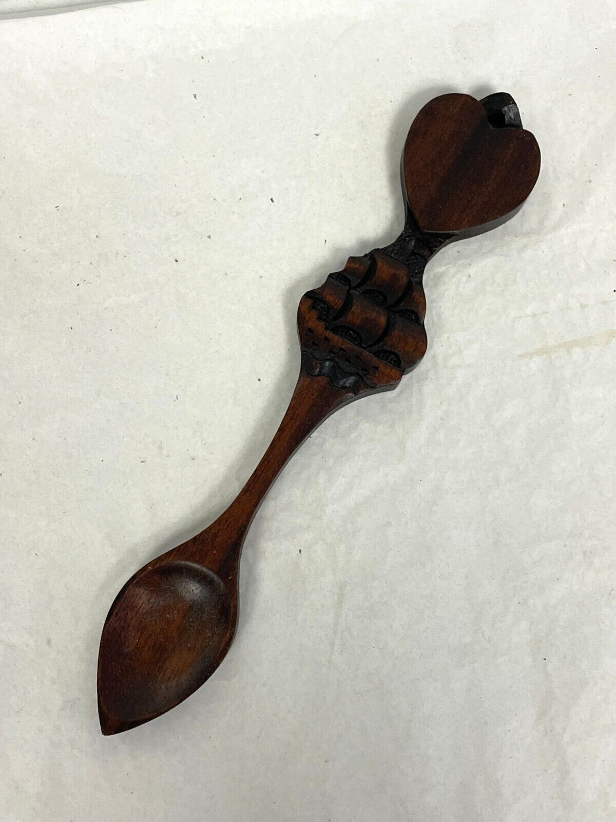 Antique Vintage Welsh Wooden Love Spoon Hand Carved w/Sailing Ship Boat & Heart