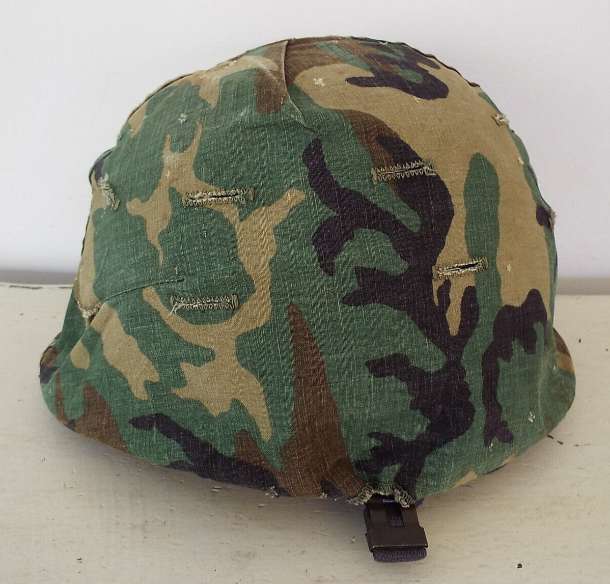 US Army Green Camo Vtg Miliary Metal Helmet with Cover Straps