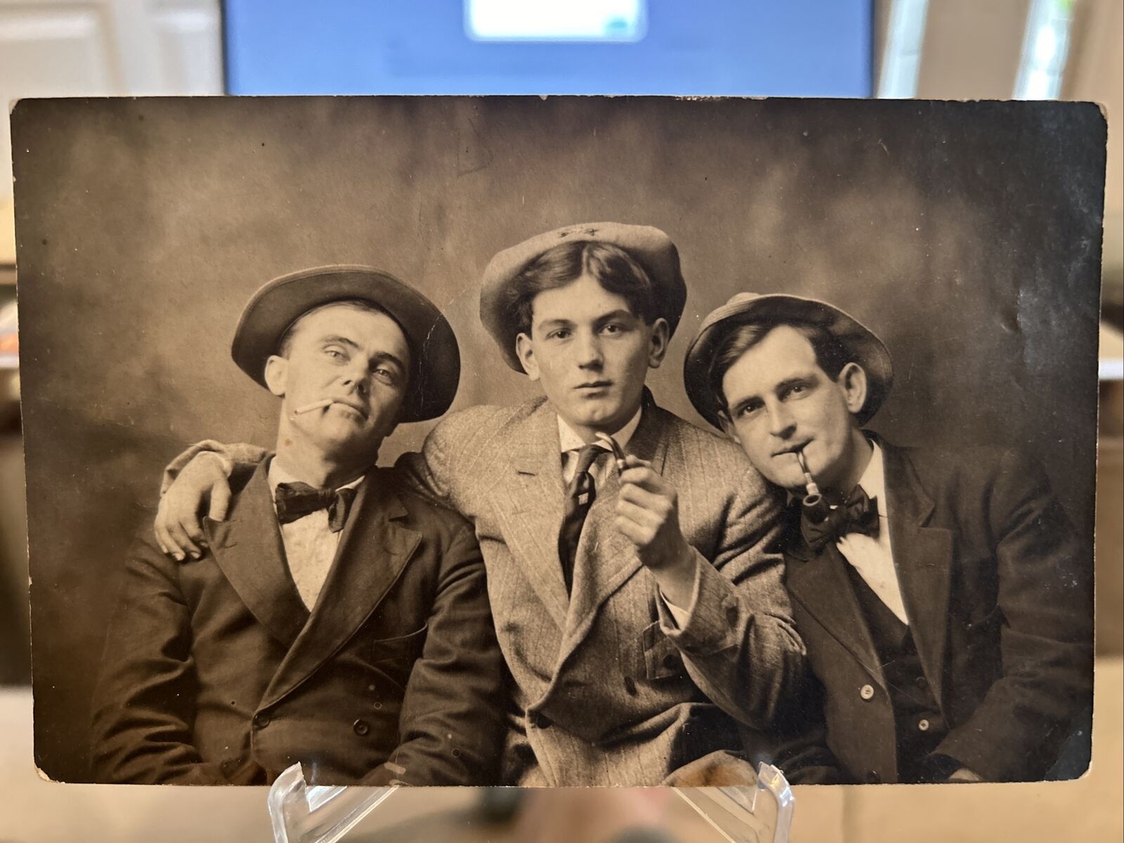 Handsome Brothers Three Piece Suit RPPC Photo Postcard Smoking 1910s s461