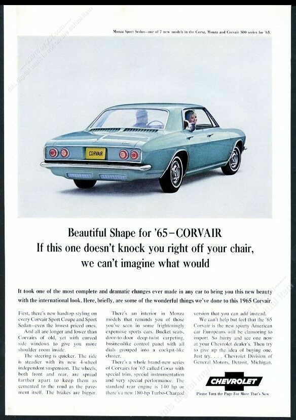 1965 Chevrolet Corvair Monza Sport Sedan blue car photo vintage print ad
