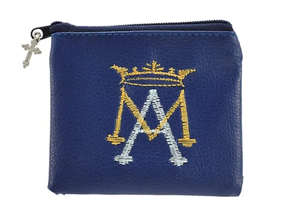 Ave Maria Rosary Case Embroidered Marian Symbol Zip Top Leatherette 3.5\