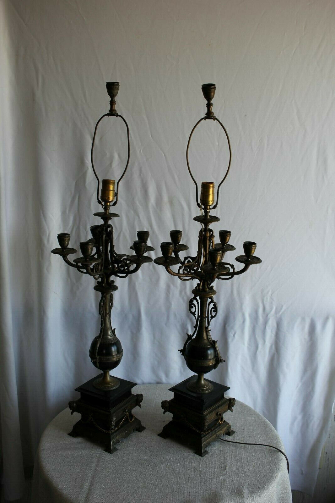 Majestic Pair of French Pewter & Black Marble Candelabra Lamps