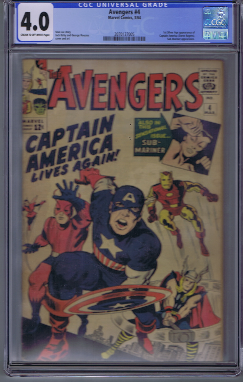 Avengers #4 Marvel 1964 CGC 4.0 (VG) 1ST S.A. APPEARANCE OF Captain America 