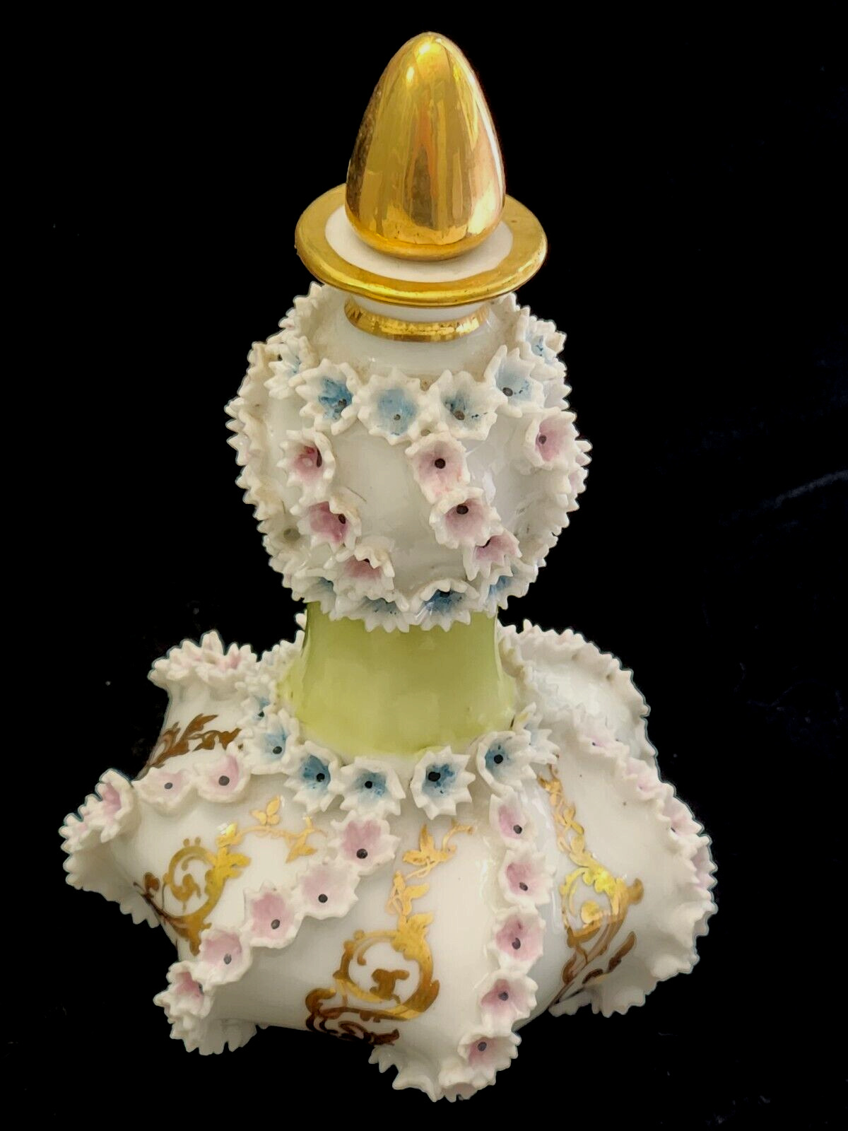 Vintage/Antique Porcelain Scent Bottle-Encrusted Flowers w/Gold Design #1656-612