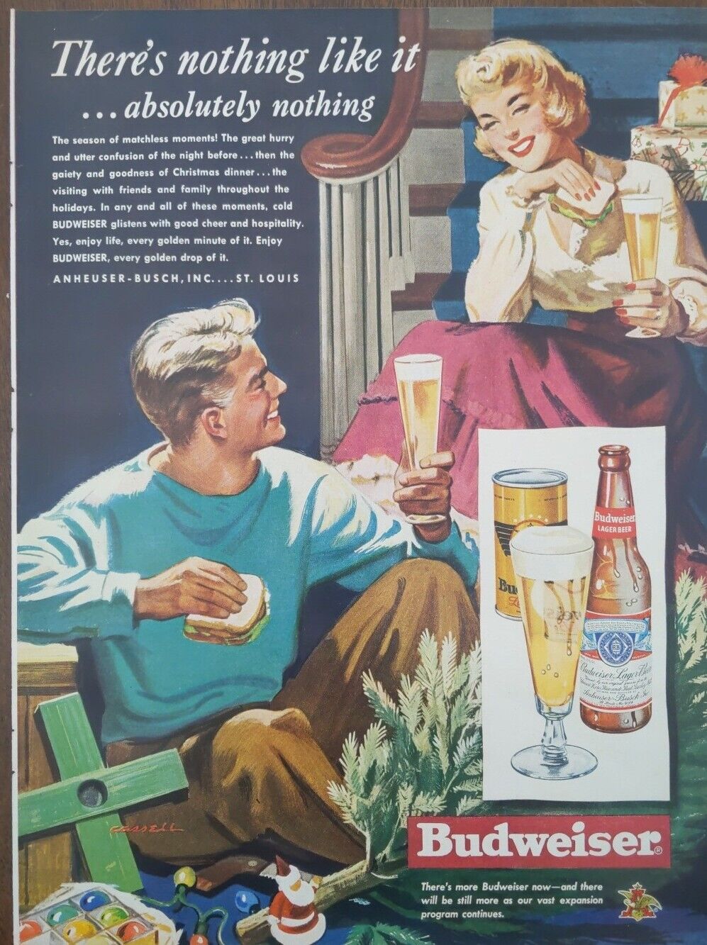 1949 vintage Budweiser print ad, Christmas post WW2