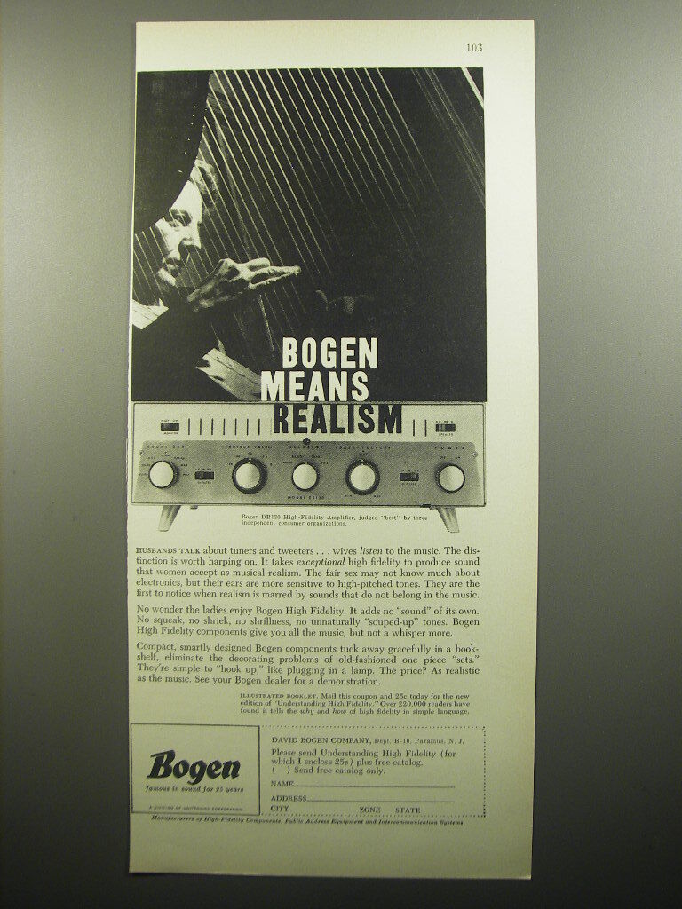 1957 Bogen DB130 High-Fidelity Amplifier Ad - Bogen means Realism