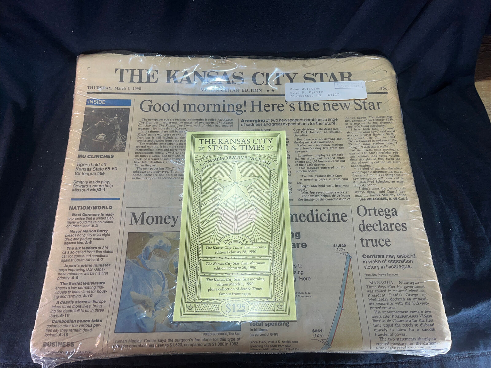 The Kansas City Star & Times Commemorative Package March 1, 1990 Vintage Sealed