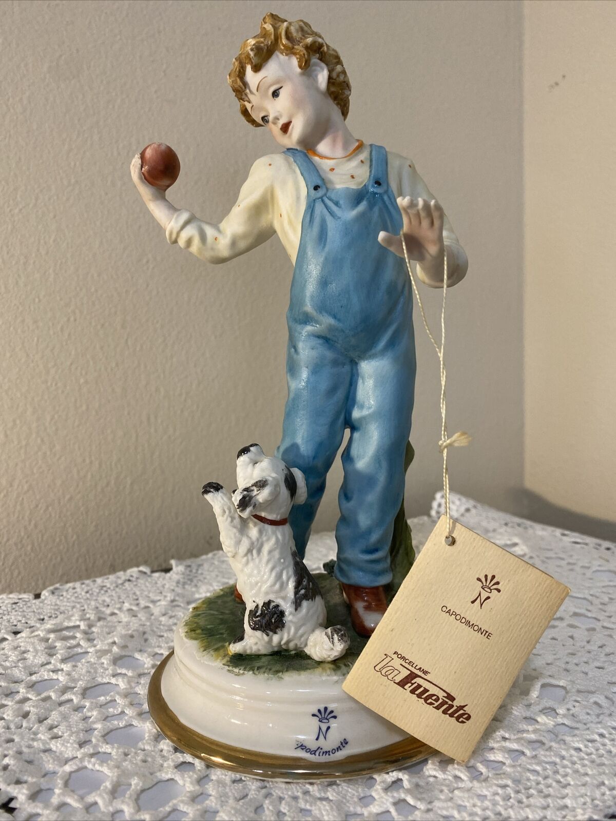 Vintage Capodimonte Porcelain Boy with PuppyFigurine Hand Painted Italy 9.5”
