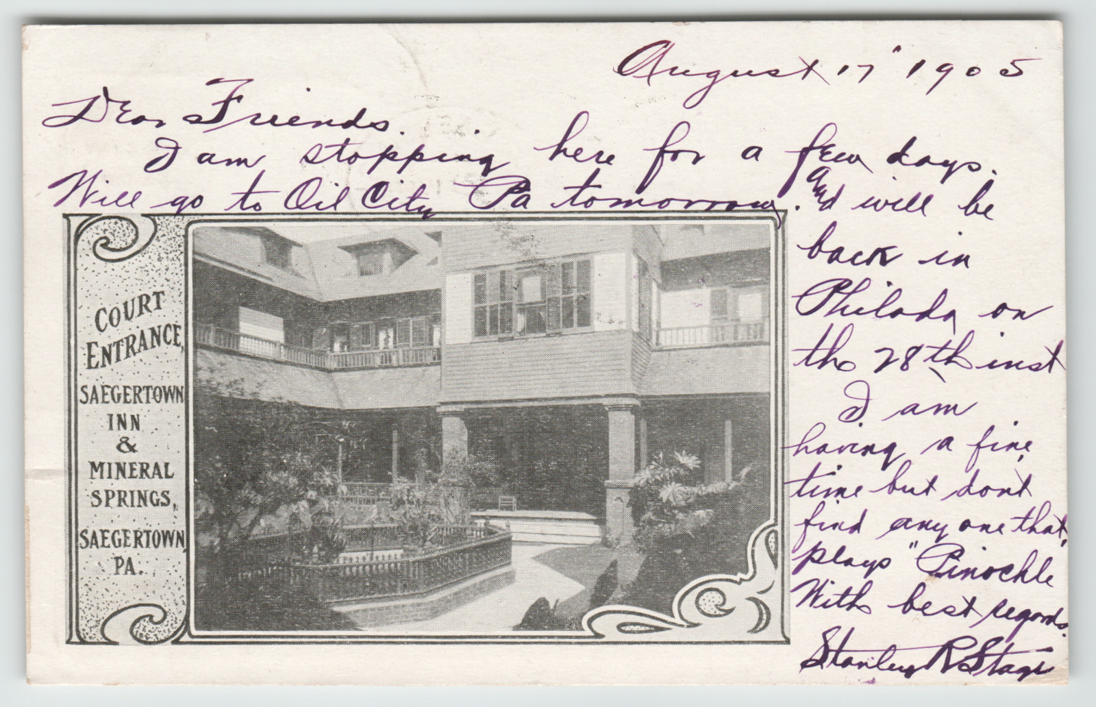 Postcard Vintage Saegertown Inn Main Entrance & Mineral Springs Saegertown, PA