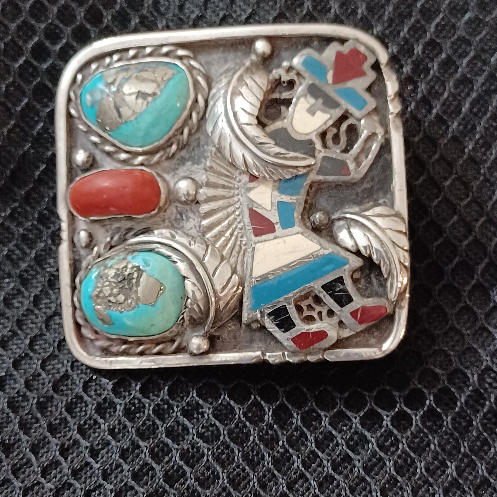 VINTAGE NATIVE AMERICAN SILVER AND TURQUOISE BELT BUCKLE 