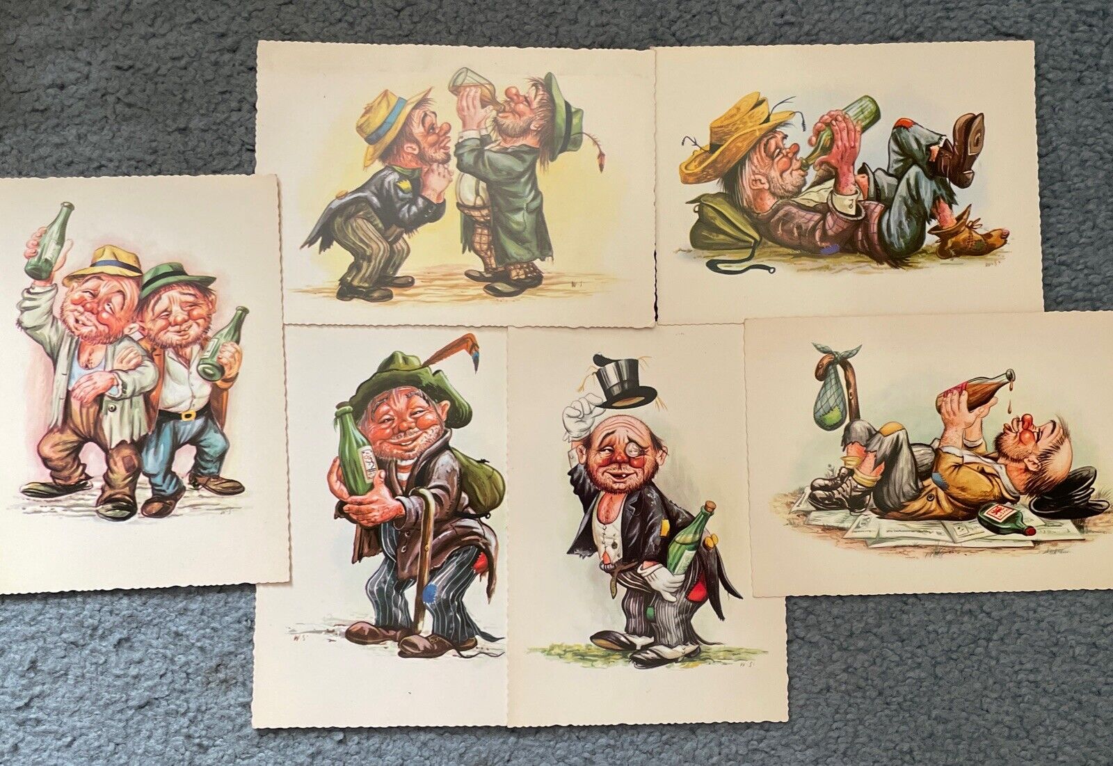 Lot of 6 Drunk Man Drinking Comic Cartoon Postcards Early 1900\'s German Art