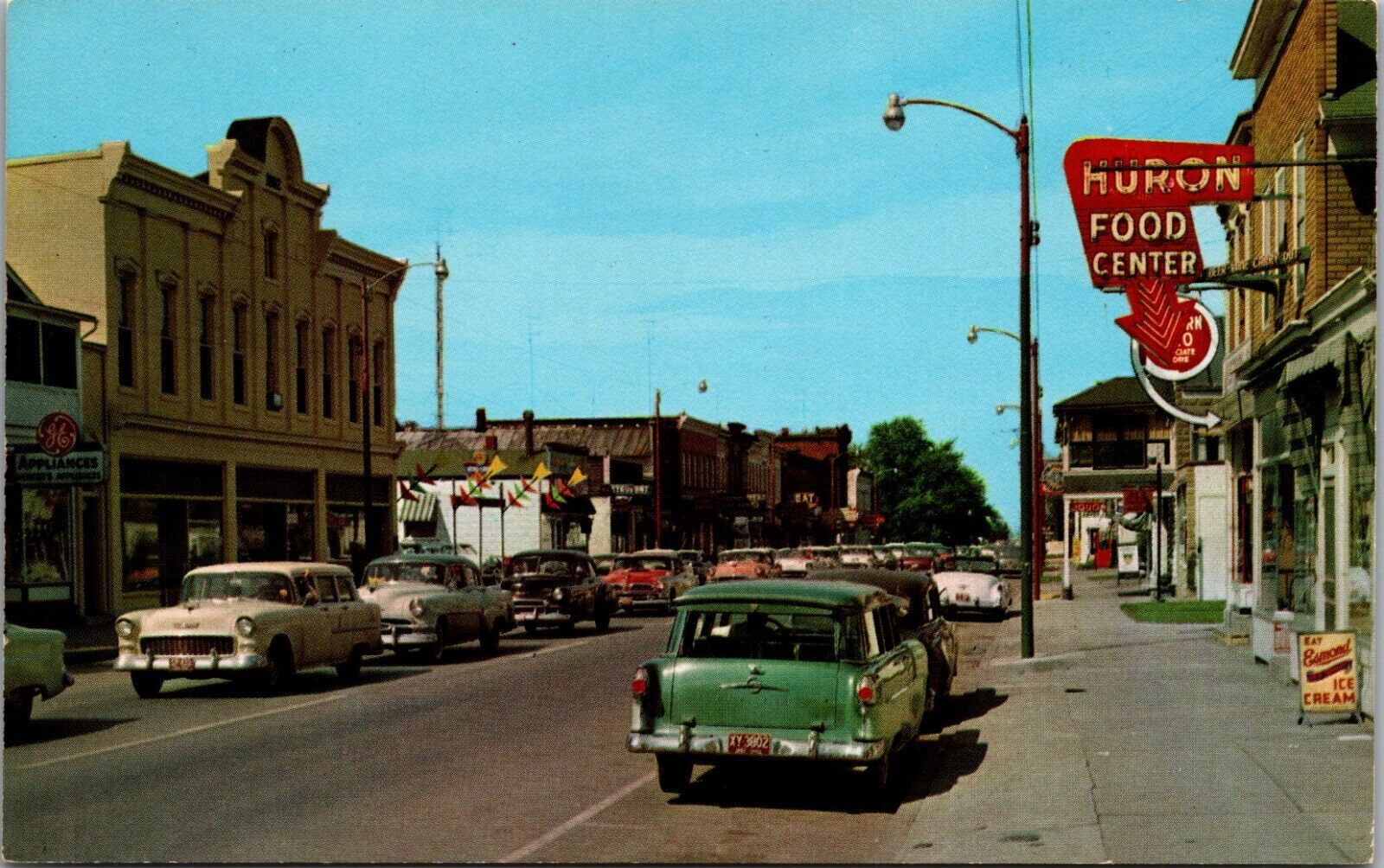 Huron Ohio Main Street 1957 Old Cars Buildings Signs Teich Chrome Postcard UNP