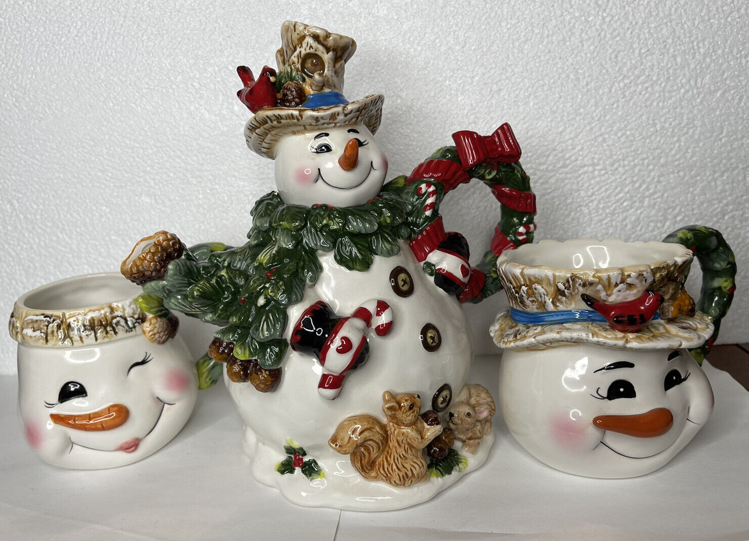 Better homes & Gardens Collection Snowman Tea Pot w 2 Matching Cups 