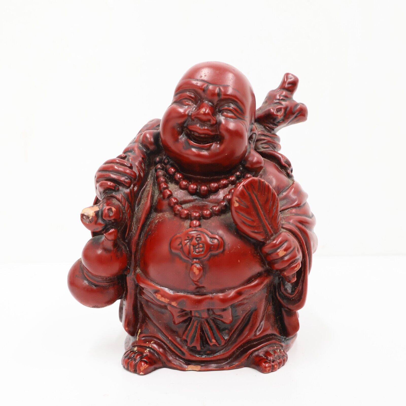Vtg Laughing Budha Resin Statue Red Marked 4.5in Tall